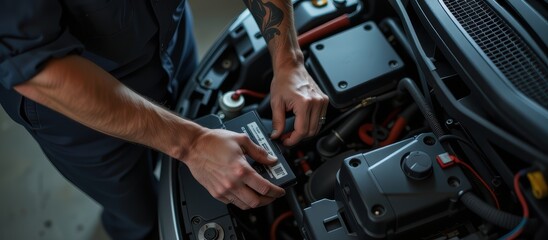 Obraz premium A person working on a car engine in a garage setting.