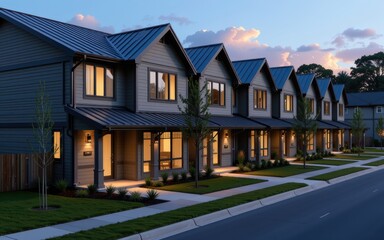 Modern townhouses illuminated at dusk along a quiet street.