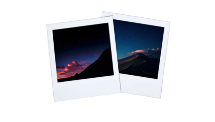 Two polaroid photographs of mountain sunsets, stacked