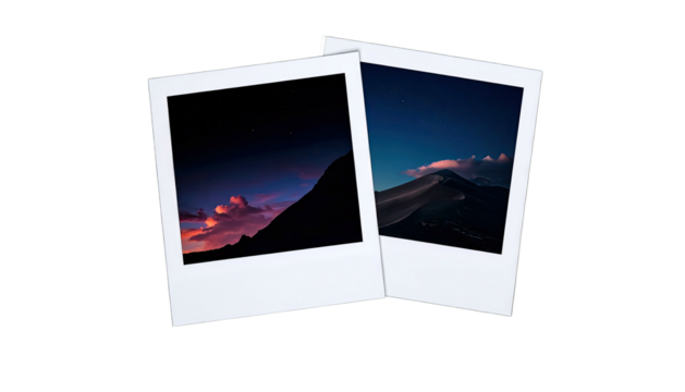Two polaroid photographs of mountain sunsets, stacked