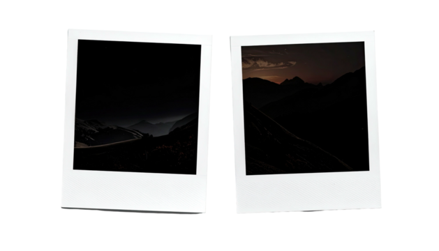 Two faded mountain landscape photos, dark, scenic, on black