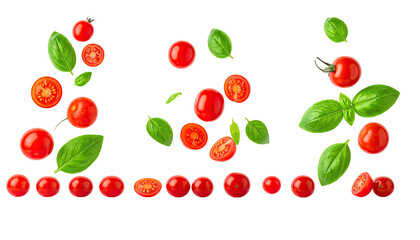 Cherry tomatoes and basil leaves, scattered, arranged on black