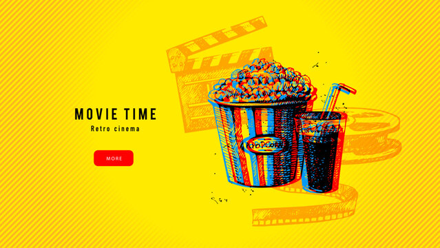 Collage of sketch popcorn bucket with soda, clapperboard and reel. Retro cinema and movie background. Film studio, streaming platform, tv, ticket service concept. Hand drawn vector illustration.