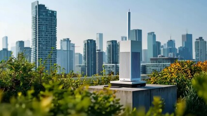 Generative AI. Modern architectural model of a skyscraper surrounded by vibrant greenery, showcasing urban design elements against a backdrop of contemporary city skyline - Powered by Adobe