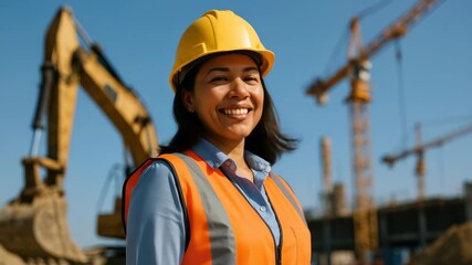 A low-angle video shot of a smiling construction worker in a hard hat and vest, with cranes and machinery in the background under a clear blue sky.