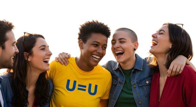 A group of diverse friends laughing together while wearing a U=U shirt, symbolizing undetectable equals untransmittable for hiv awareness, on a transparent background