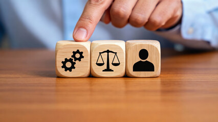 Thoughtful ai human ethics concept showing balance between technology law and business responsibility with pointing finger