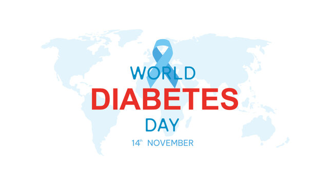 World Diabetes Day concept with a blue awareness ribbon and a world map. Observed annually on 14th November.