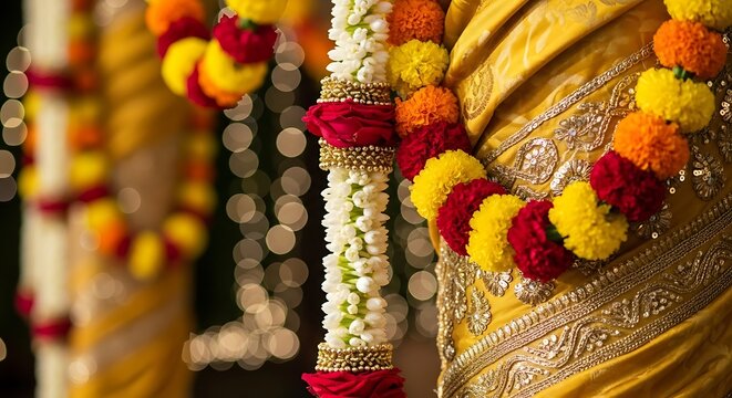Beautiful floral garlands adorning a yellow saree, showcasing Indian wedding traditions and decorations