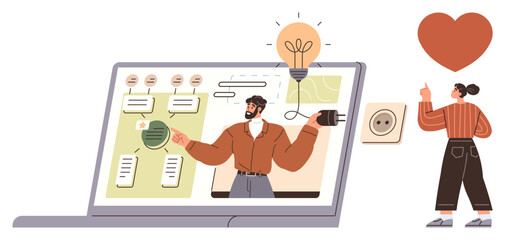Laptop screen with presenter sharing ideas, charts, and light bulb for innovation. Woman engaging with a heart-shaped object. Ideal for teamwork, creativity, brainstorming, teaching, leadership