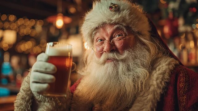 4k video of Santa Claus holding a beer pint, doing a cheers gesture.