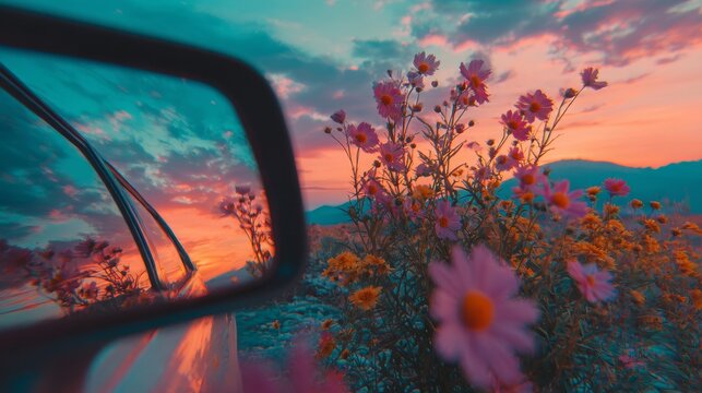 Vibrant spring break road trip with colorful flowers and stunning sunset reflections