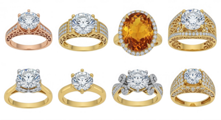 Ornate diamond and gemstone rings isolated on a transparent background