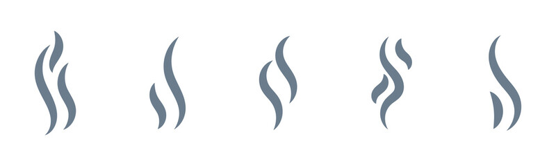 Smoke steam icon vector logo set. Smoke smell, steam aroma heat icon illustration. Hot vapor fire doodle line logo. Hit stink, coffee, fragrance flame elements. Vector illustration.