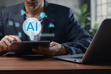 Digital AI Assistant Concept on Virtual Screen in a Modern Workspace