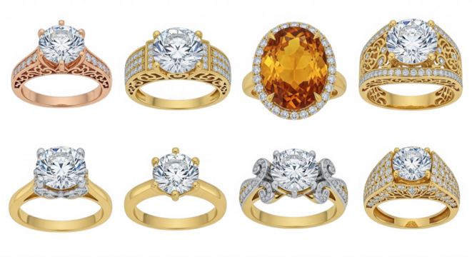 Ornate diamond and gemstone rings isolated on a transparent background