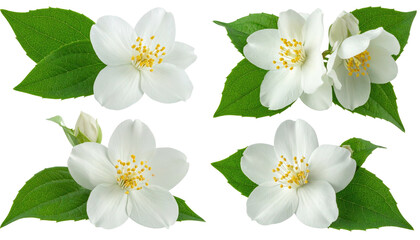 White jasmine blossoms with green leaves on a transparent background