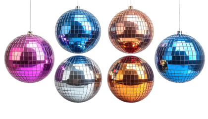Colorful disco balls hang against a black background