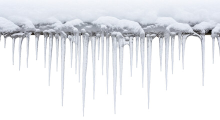  Fresh snow and sharp icicles hanging from a roof edge on a transparent background, PNG image, PNG file
