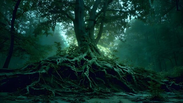 Ancient tree with massive exposed roots sprawling over a mossy forest floor in a misty, emerald-green woodland. Concept Ancient tree with exposed roots, Mossy forest floor in mist - Powered by Adobe