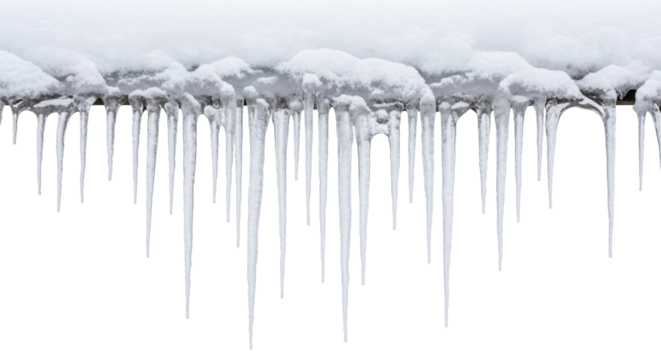  Fresh snow and sharp icicles hanging from a roof edge on a transparent background, PNG image, PNG file