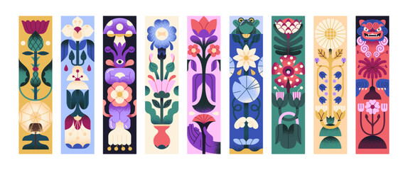 Set of designs of bookmark patterns with nature. Book marks templates with floral print: strange abstract flowers, whimsical wildflower, blooming plants with leaves. Flat vector illustrations