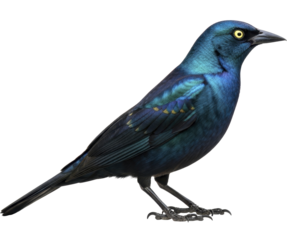Iridescent Blue Green Grackle Bird with Yellow Eye Standing on a Transparent Background PNG File