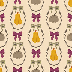 Seamless autumn pattern with pumpkins, bows, and ribbons on a light background
