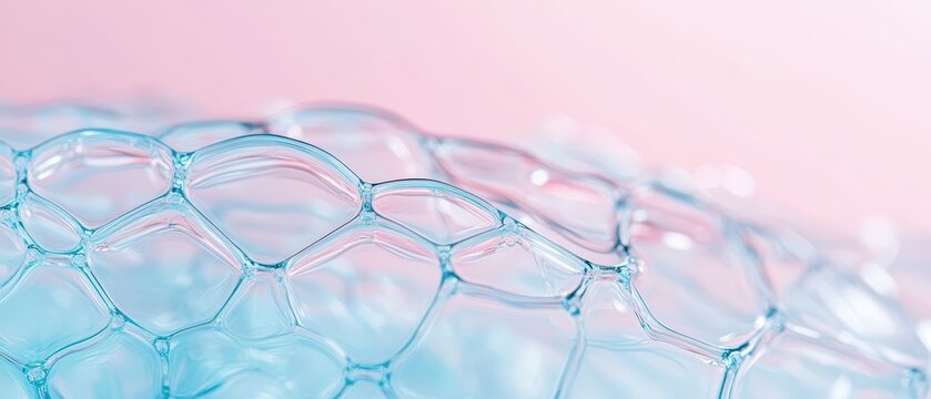 Microscopic network of translucent blue bubbles with soft pink background, hinting at molecular structure and nanotechnology advancements.