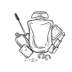 Glass flacon, jewelry and make up cosmetics black white vector illustration. Outline ink drawing for Mother's Day. Woman greetings cards. Feminine line art perfume, beauty, mascara and lipstick.