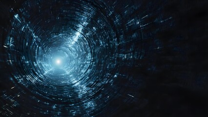 Blue sci-fi wormhole with concentric rings and a bright glowing core at the end. Concept Blue sci-fi wormhole, Concentric ring portal, Bright glowing core, Space-time tunnel visuals, Cosmic blue glow