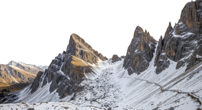  Majestic mountain peaks with snowy slopes and a winding hiking path on a transparent background, PNG image, PNG file