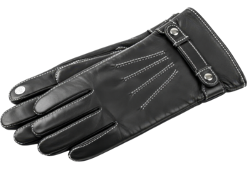 High quality dark leather gloves with white stitching and metal snaps, apparel on transparent background, PNG image