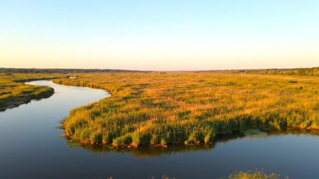 Breathtaking aerial vista of a sinuous river carving its path through a sprawling, sun-kissed meadow, highlighting nature's serene expanse during twilight hours