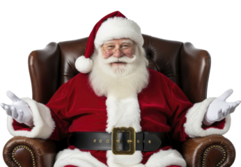 Smiling Santa Claus sitting in leather armchair with welcoming hands on a transparent background PNG image PNG file
