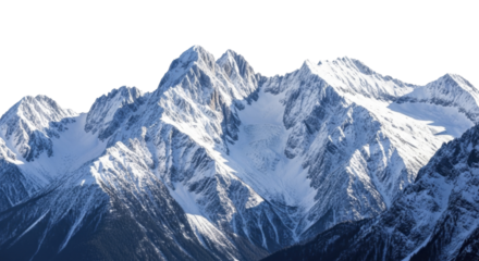  Majestic snow-capped mountain range with sharp peaks on a transparent background, PNG image file