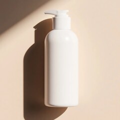 Realistic photo of a white cosmetic bottle standing on beige background with soft shadows, top light, minimal modern composition, natural lighting, 8k resolution, clean aesthetic, perfect for branding