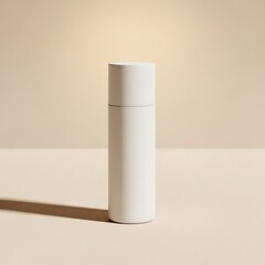 Realistic photo of a white cosmetic bottle standing on beige background with soft shadows, top light, minimal modern composition, natural lighting, 8k resolution, clean aesthetic, perfect for branding