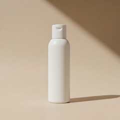 Realistic photo of a white cosmetic bottle standing on beige background with soft shadows, top light, minimal modern composition, natural lighting, 8k resolution, clean aesthetic, perfect for branding