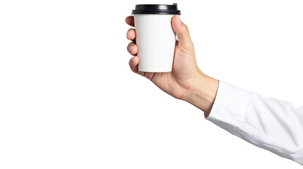 A person's hand holding a paper coffee cup with a black lid