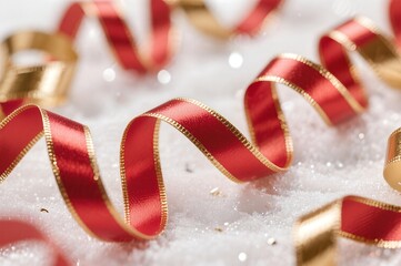 Festive Red and Gold Ribbons on Sparkling White Surface.