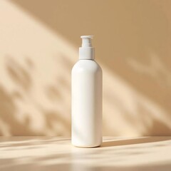 Realistic photo of a white cosmetic bottle standing on beige background with soft shadows, top light, minimal modern composition, natural lighting, 8k resolution, clean aesthetic, perfect for branding