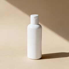 Realistic photo of a white cosmetic bottle standing on beige background with soft shadows, top light, minimal modern composition, natural lighting, 8k resolution, clean aesthetic, perfect for branding