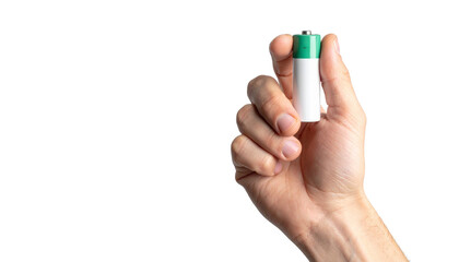 Fototapeta premium Hand holding a AA battery, showing its size and the concept of power and energy