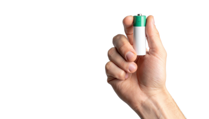 Hand holding a AA battery, showing its size and the concept of power and energy