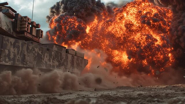 4k video of a tank driving through the explosion on the battlefield.