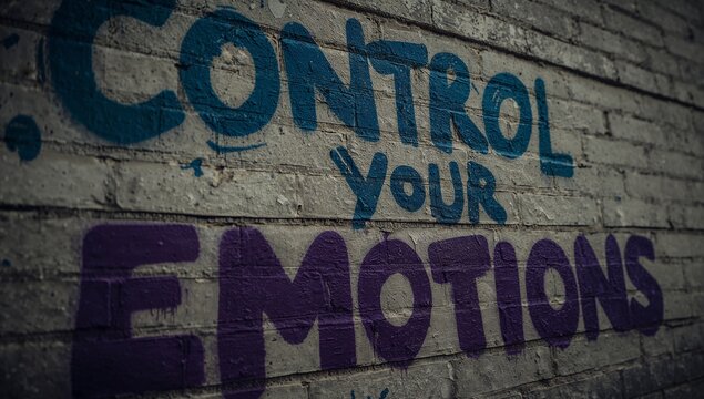Inspirational Urban Graffiti, Displaying the Powerful Message control Your Emotions Rendered in Contrasting Blue and Purple Hues on a Rough Brick Surface, Reflecting Self discipline