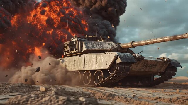 4k video of a tank driving through the explosion on the battlefield.