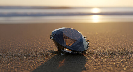 Diamond on the beach with natural lighting, close-up of a gemstone on sand under the sunlight, perfect for luxury and elegance photography