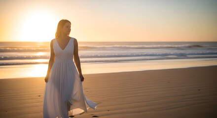 Woman walking on the beach at sunset, ocean in the background, capturing the essence of freedom, peace, and beautiful seaside moments